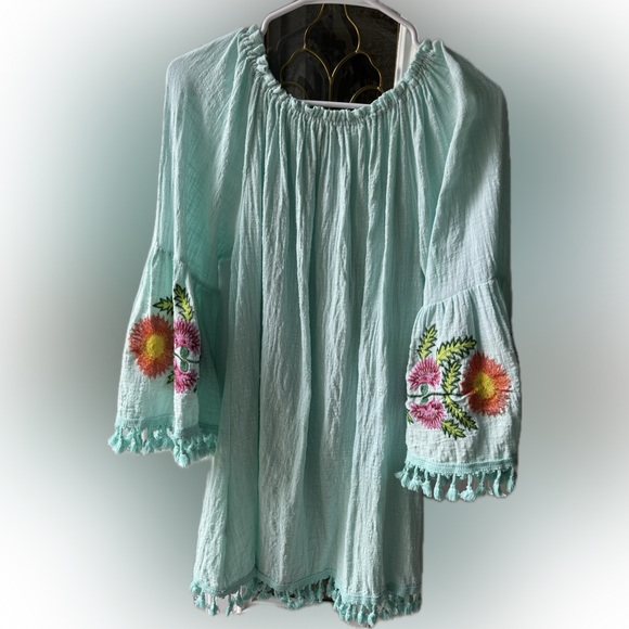 VELZERA Off The Shoulder Embroidered Turquoise Blue Tassel Dress or tunic Sz 1X - Picture 6 of 15